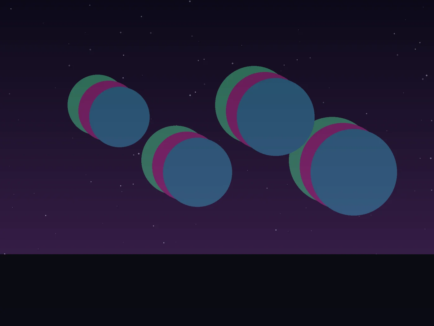 Offset translucent discs in green, magenta, and cyan hover over a smoky black ground like a remembered signal.