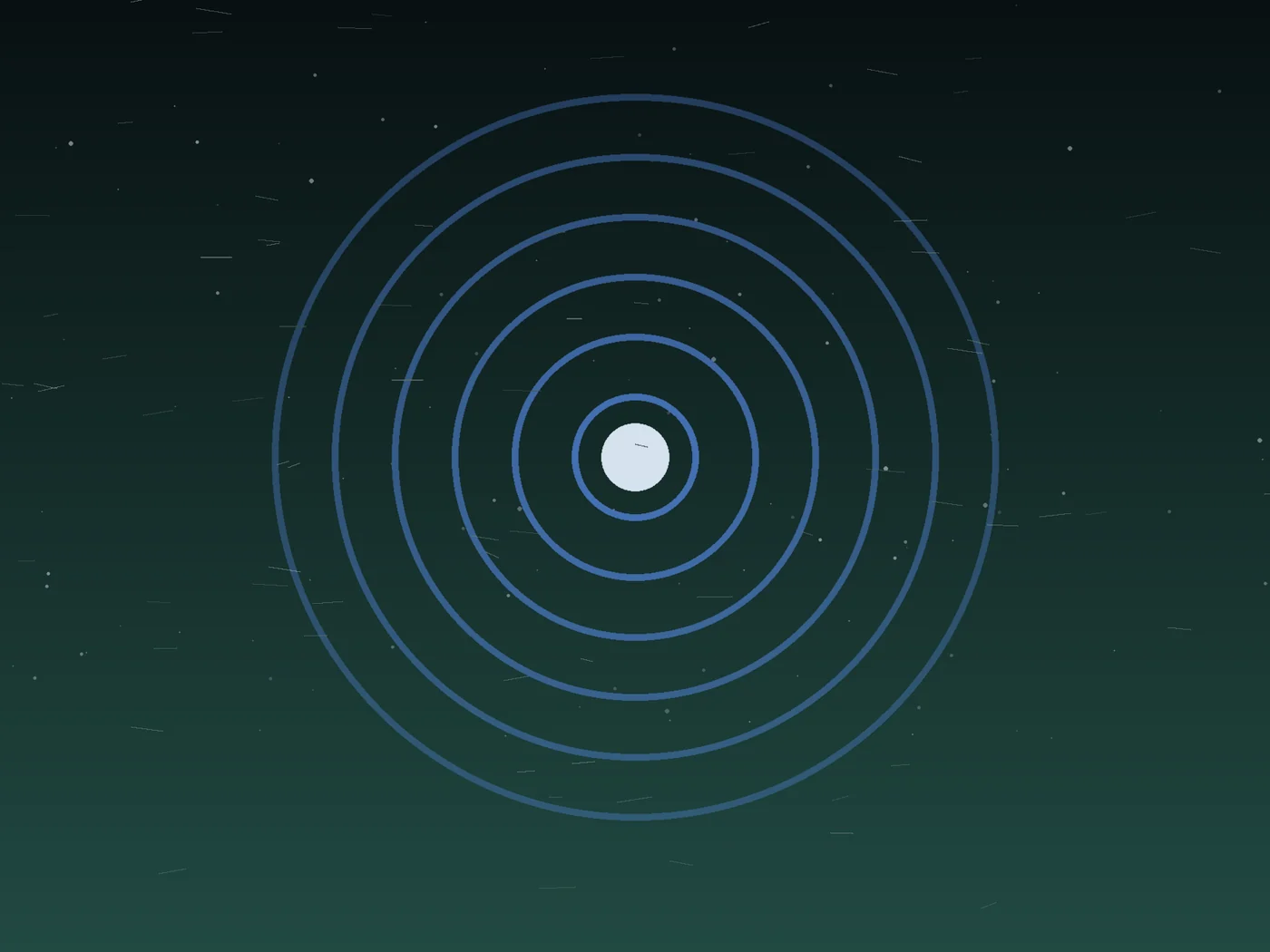 Concentric cobalt pressure rings compress around a pale center while thin white marks drift across a midnight field.