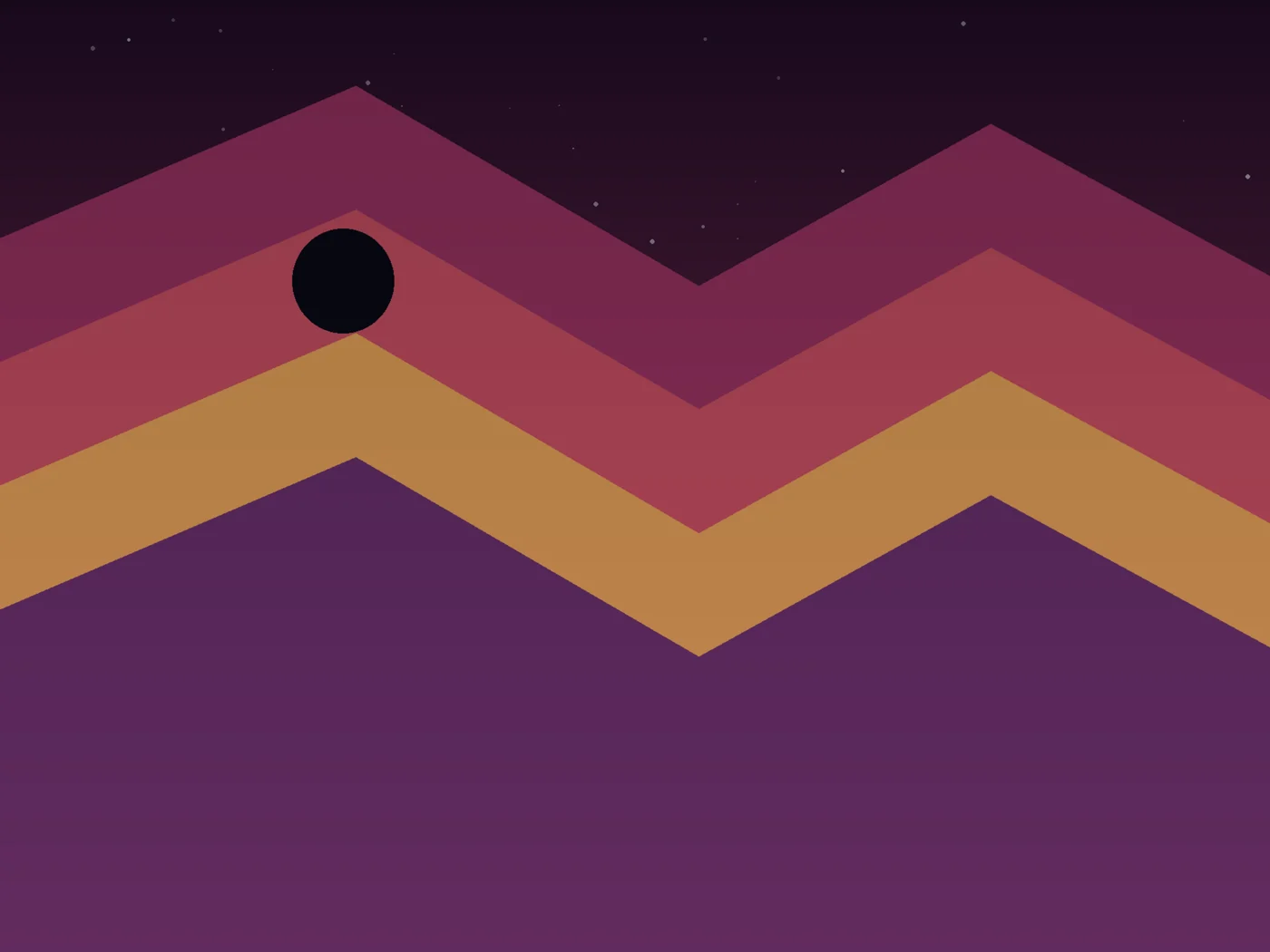 Broad folded bands of rose, gold, and deep plum meet at an impossible dawn line with a small black moon.