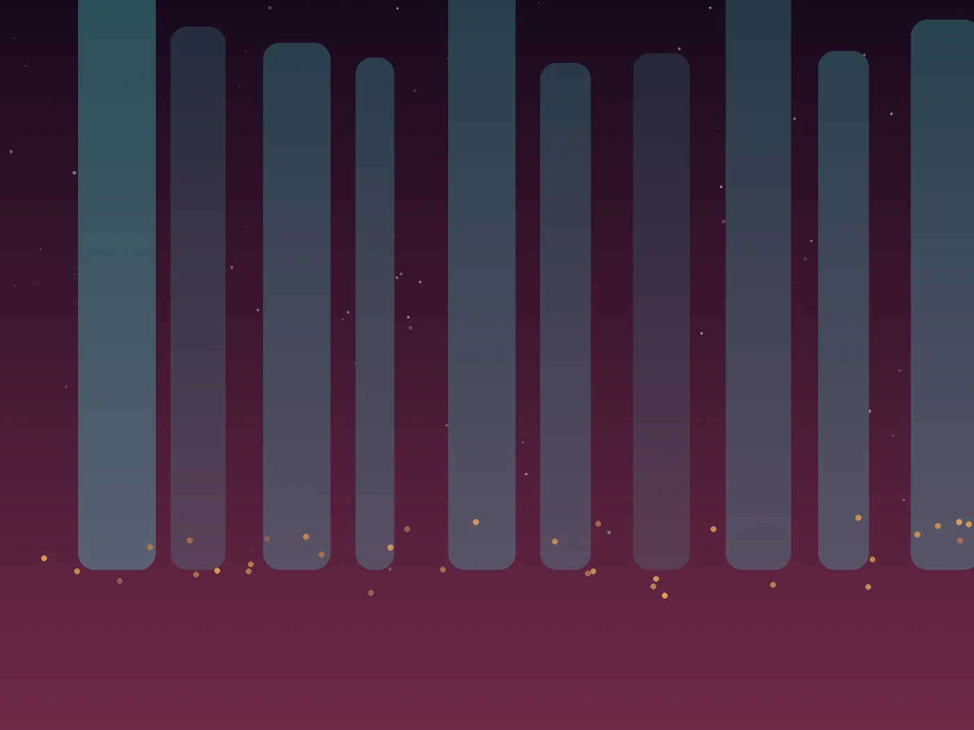 Layered blue-green translucent columns descend through a charcoal field while tiny warm lights collect along a low horizon.