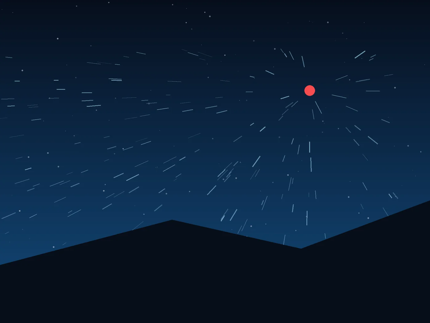 An icy blue directional field of short luminous lines converges toward a warm red beacon above a dark ridge.