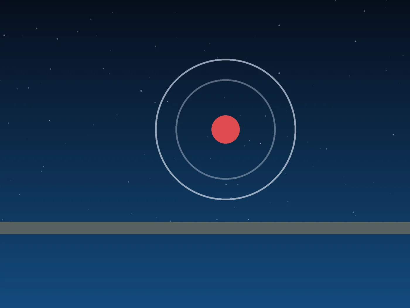 A near-black violet sky with a pale circular orbit, a suspended mint sphere, and a distant band of soft amber light.