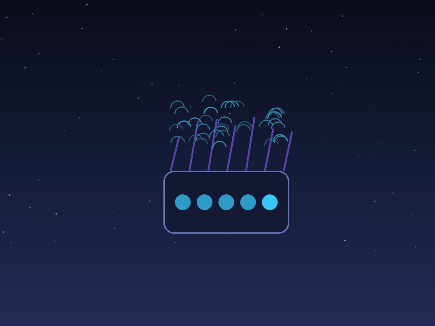A compact geometric machine of circles and bars appears to generate a tiny luminous storm above a dark violet plain.