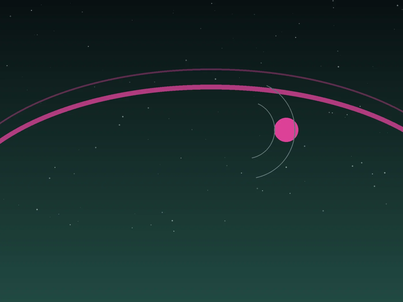 A dark indigo field crossed by two luminous tide-like arcs, a small coral signal disc, and fine pale orbit marks.