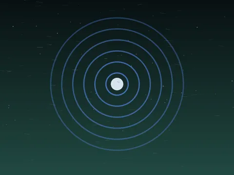 Concentric cobalt pressure rings compress around a pale center while thin white marks drift across a midnight field.