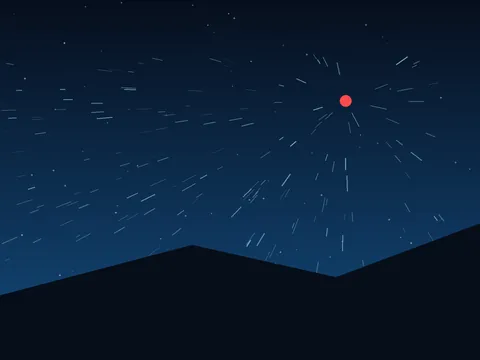 An icy blue directional field of short luminous lines converges toward a warm red beacon above a dark ridge.