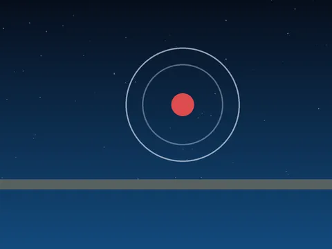 A near-black violet sky with a pale circular orbit, a suspended mint sphere, and a distant band of soft amber light.