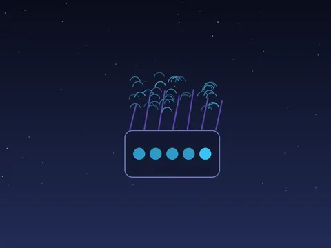 A compact geometric machine of circles and bars appears to generate a tiny luminous storm above a dark violet plain.