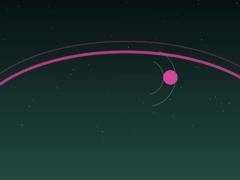 A dark indigo field crossed by two luminous tide-like arcs, a small coral signal disc, and fine pale orbit marks.