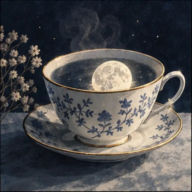 Interpretive illustration of a small moon in a porcelain teacup.