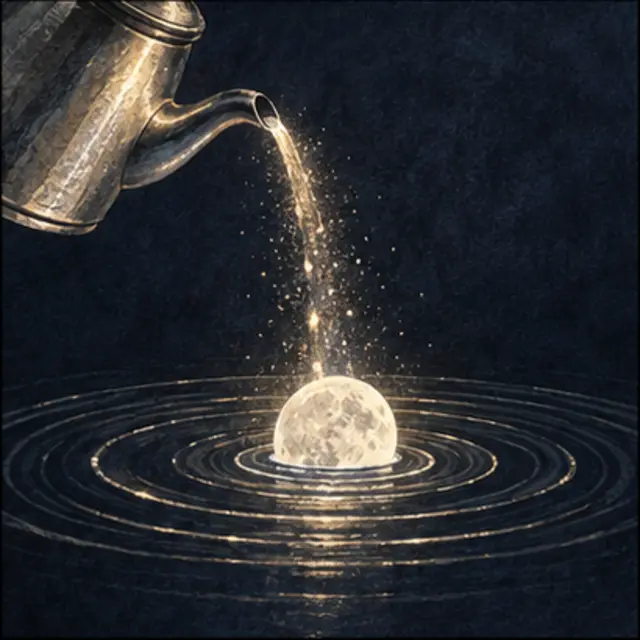 Interpretive illustration of a kettle pouring light over a moon and water rings.