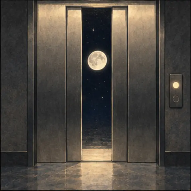 Interpretive illustration of an elevator framing a small moon.