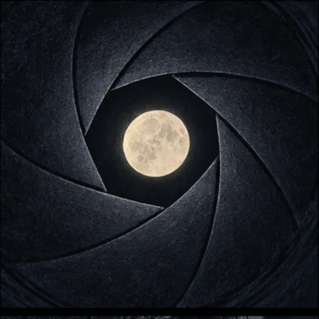 Interpretive illustration of camera-shutter negative space around a moon.