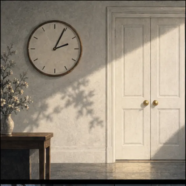 Interpretive illustration of a clock and white doors.