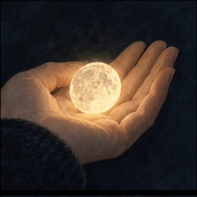 Interpretive illustration of a warm moon held in open hands.