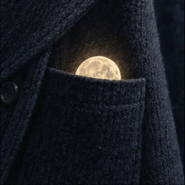 Interpretive illustration of a moon tucked into a coat pocket.
