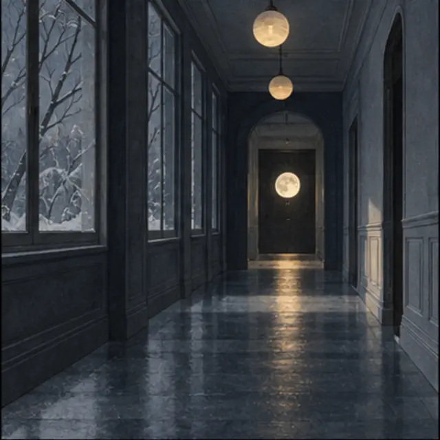 Interpretive illustration of a winter hallway with a moon at its far end.