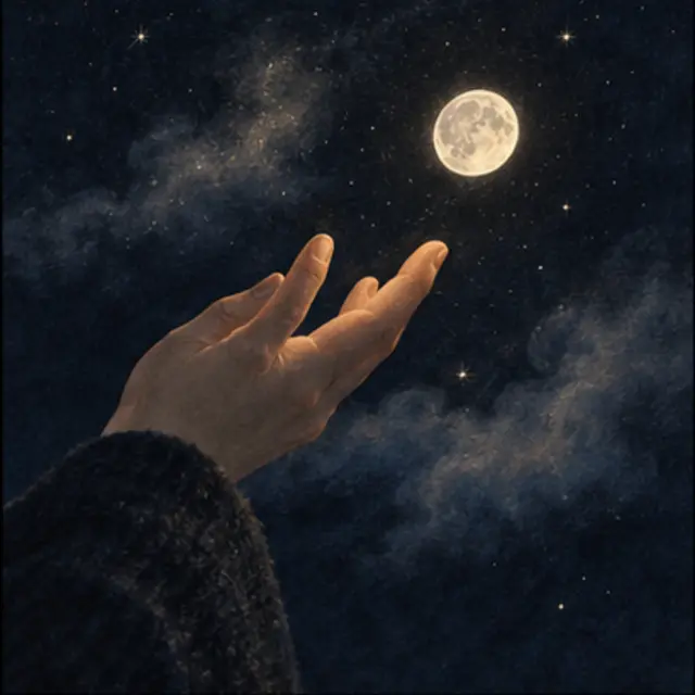 Interpretive illustration of a hand releasing a moon into dark space.