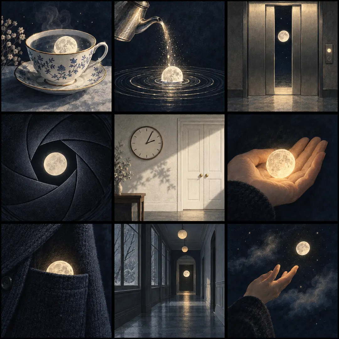 Nine-panel generated interpretive visual score: teacup moon, kettle light, elevator, shutter, clock and doors, warm moon in hands, coat pocket, winter hallway, and moon released into night.