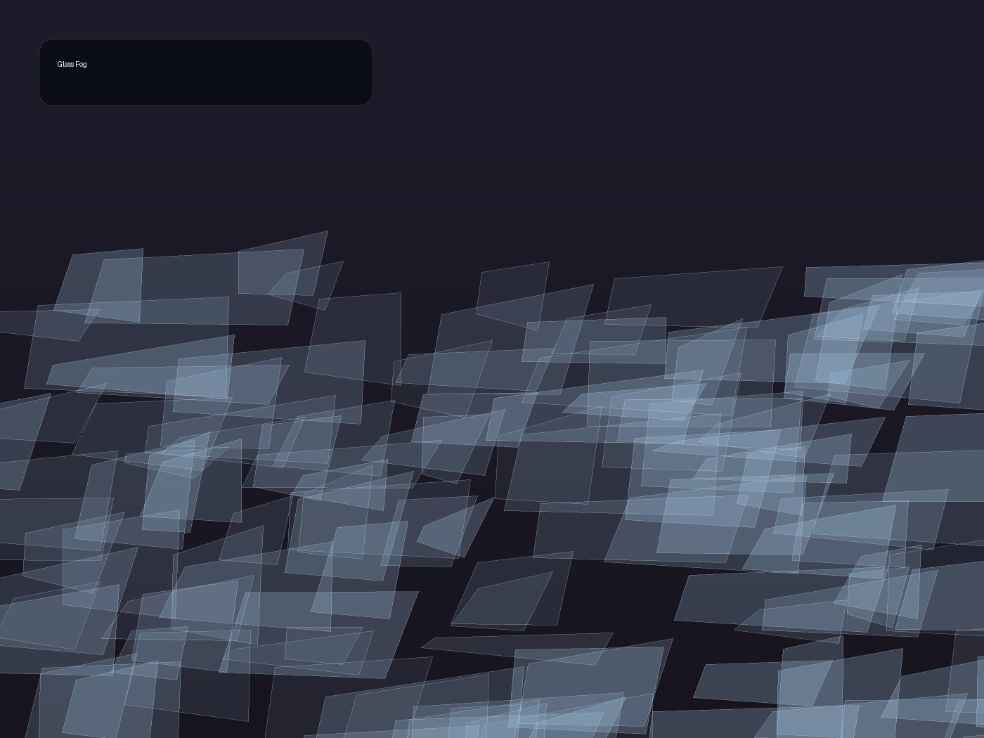 Fictional procedural artwork of translucent polygon panes accumulating as low fog and reflecting cold light.