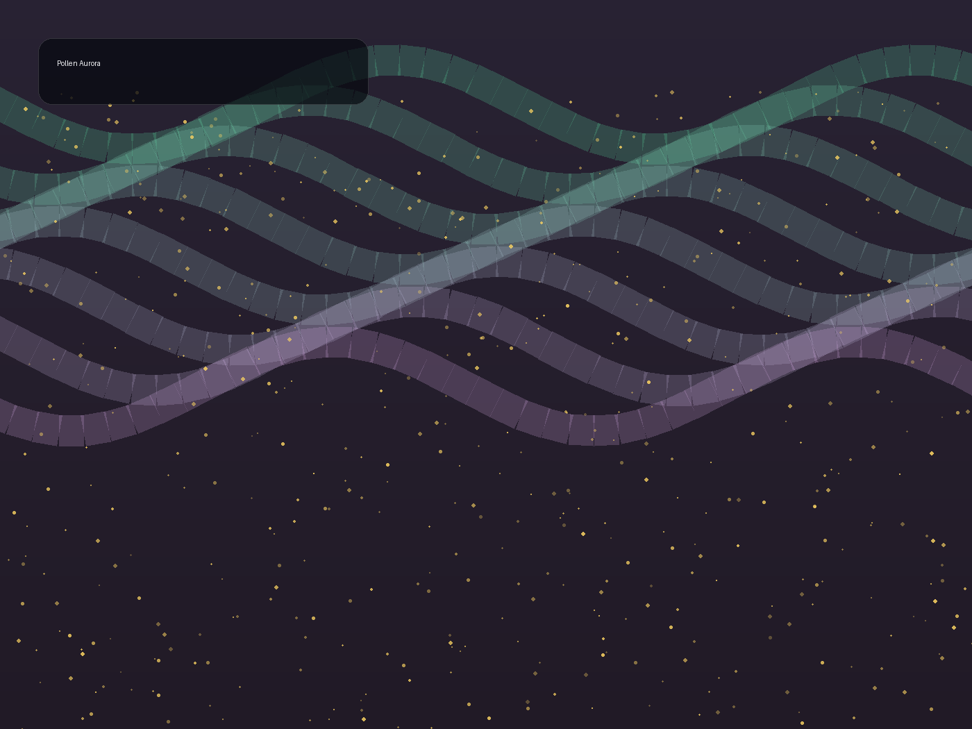 Fictional procedural artwork of a diffuse aurora above a dark field while gold pollen-like points drift upward.