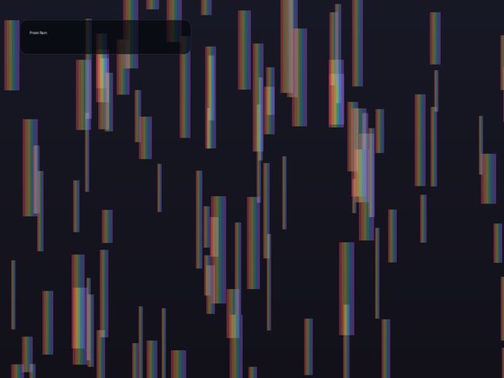 Long translucent vertical prisms fall through a charcoal sky, breaking into spectral bands near the ground.