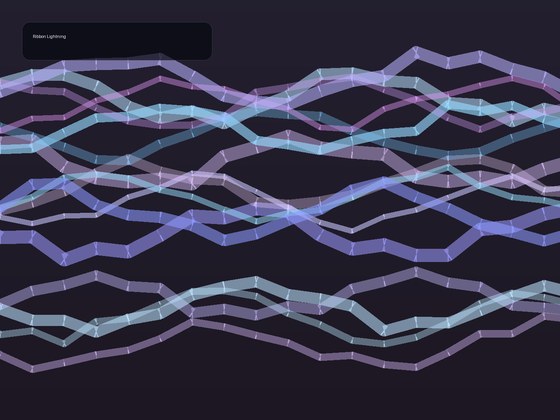 Broad folded ribbons of light arc between cloud-like masses instead of branching electrical bolts.