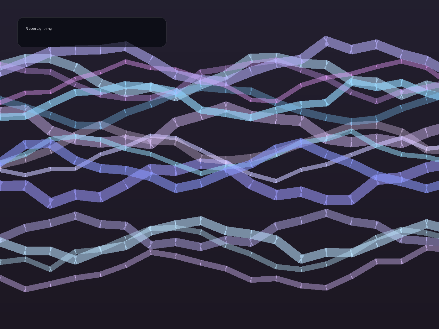 Fictional procedural artwork of broad folded ribbons of light arcing between cloud-like masses.